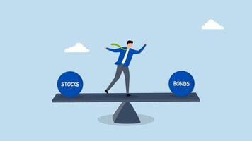 Stocks vs bonds in investment asset allocation, 4k animation of entrepreneur financier equilibrium in equities and debt instruments seesaw. video