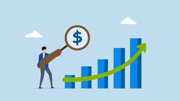 Revenue, 4k animation of businessman using a magnifying glass on a dollar symbol with an upward growth graph and chart. video