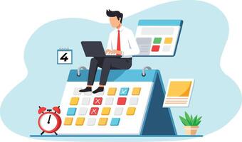 Efficient business planning with man working on laptop atop calendar, surrounded by reminders and plant, showcasing productivity and organization vector