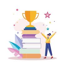 Cheerful scene of person celebrating success with trophy atop colorful books, symbolizing achievement and knowledge. vibrant colors and joyful expression enhance positive atmosphere vector