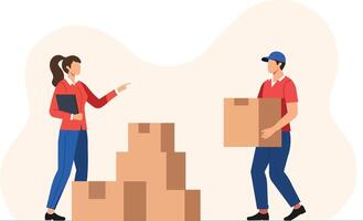 Organizing boxes in warehouse, two employees collaborate efficiently. woman points while man carries box, showcasing teamwork and productivity vector
