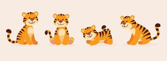 Cute cartoon tigers in various poses, showcasing playful expressions and vibrant colors. Perfect for children illustrations or educational materials vector