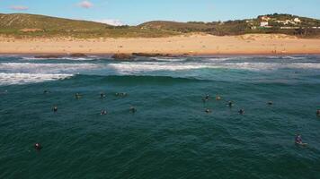 Drone lockdown view of anonymous tourists swimming in vast ocean video