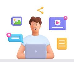 Young smiling man working on laptop computer. Content filling, content management and social media concept. 3d people character. Cartoon minimal style. vector