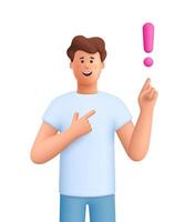Young smiling woman pointing finger up to exclamation point. Idea, warning or attention concept. 3d people character. Cartoon minimal style. vector