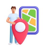 Young man standing near big pin map or geotag and smartphone with online city map, marking locations. Navigation concept. 3d people character. Cartoon minimal style. vector