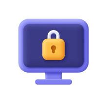 Padlock on computer screen. Data protection, internet security and cyber security. 3d icon. Cartoon minimal style. vector