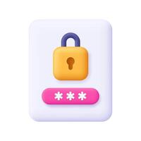 Document file with padlock and password. Data protection, internet security and cyber security. 3d icon. Cartoon minimal style. vector