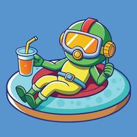 Diver Relaxes on Swimming Tires Surrounded by Refreshing Juice vector