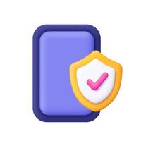 Smartphone and protection shield with check mark. Cyber security, mobile security, Data security protection. 3d icon. Cartoon minimal style. vector