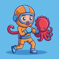 Adorable Cartoon Diver Battling a Pugnacious Octopus in a Boxing Match vector