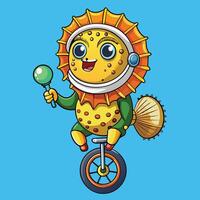 Cheerful Diver Entertains Audience with Pufferfish Acrobatics on Unicycle vector