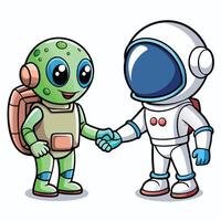 Friendly Encounter Astronaut and Alien Unite in a Cosmic Handshake vector