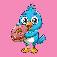Adorable Cartoon Icon of a Bird Enjoying a Delicious Donut vector