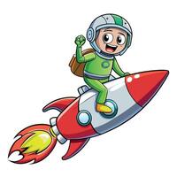 Adorable Astronaut Soaring Through Space with Alien Companion on Rocket vector