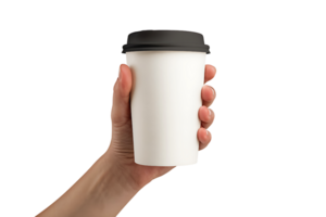 hand holds a white coffee cup with a black lid on transparent background png