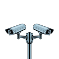 security system comprised of two surveillance cameras mounted on a central pole on transparent background png