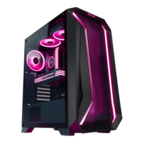 black computer tower with a clear side panel and pink LED lighting on transparent background png