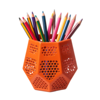 orange hexagonal container holds an assortment of colored pencils on transparent background png