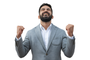 man in a grey suit celebrates his success with a joyous expression and raised fists on transparent background png