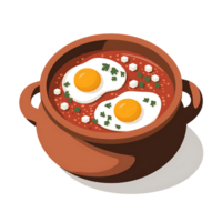traditional Mexican dish consisting of a red sauce with two fried eggs in a terracotta pot on transparent background png
