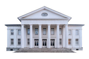 neoclassical building features a prominent portico supported by a row of columns on transparent background png