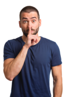 man is gesturing for silence with his index finger pressed against his lips on transparent background png