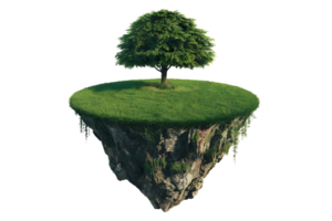 small verdant island with a solitary tree seemingly floating in mid air on transparent background png