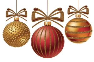 Three Christmas ornaments with a gold bow feature unique designs of gold studded red striped and gold striped patterns on transparent background png