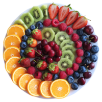 platter of fresh fruit artistically arranged in a circular pattern on plate on transparent background png