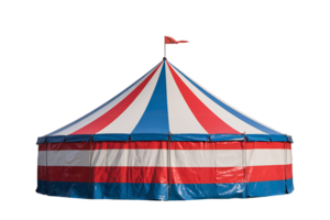 striped circus tent features a red flag atop its peak on transparent background png