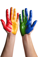 Two hands painted in red yellow green and blue are raised in a gesture of unity and diversity on transparent background png