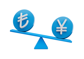 3d White Lira And Yen Symbol On Rounded Blue Icons With 3d Balance Weight Seesaw, 3d illustration png