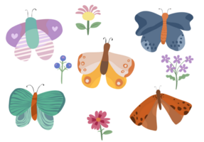 A delightful illustration featuring colorful butterflies and flowers. Each butterfly has a unique design with soft pastel and warm tones, complemented by delicate floral elements. png