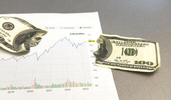 Stock market Charts . Two Hundred rolled us dollar bills staying on the graph. dollar bills on the foreground. Macro image. Red and black lines on the chart. photo