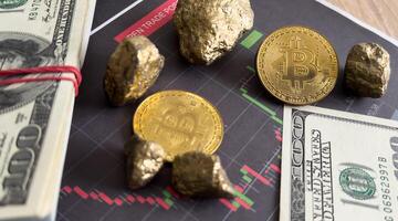 Bitcoin and cryptocurrency investing concept. Bitcoin cryptocurrency coins. Trading on the cryptocurrency exchange. Trends in bitcoin exchange rates. Rise and fall charts of bitcoin. photo