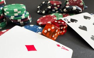 Playing cards on color background, top view. Gambling concept photo