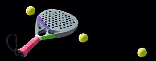 padel racket and ball on black background. Top view. photo