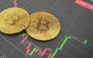 Bitcoin and cryptocurrency investing concept. Bitcoin cryptocurrency coins. Trading on the cryptocurrency exchange. Trends in bitcoin exchange rates. Rise and fall charts of bitcoin. photo