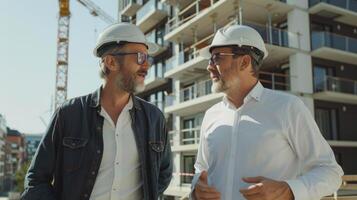 Two construction managers discussing project details at a building site during the day, with cranes and modern architecture in the background photo
