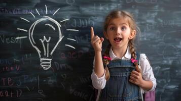 Young girl excitedly shares an idea in a classroom with a chalkboard displaying a light bulb illustration photo