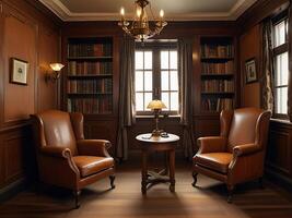 Retro old study room with brown leather chair and bookshelf with varieties book photo