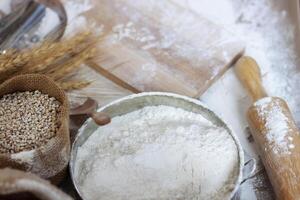 White wheat flour in a bowl with ears of barley, rice, natural agricultural food, top view photo