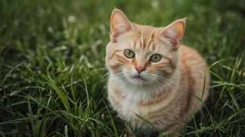 An orange cat sitting in the grass photo