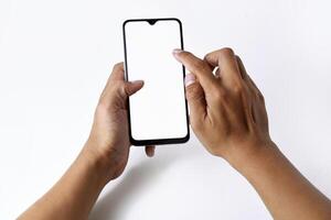Someones hand is pressing and pointing at the screen of a smartphone photo