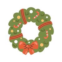 Cute Christmas wreath with red bow and green twigs. Ideal decoration for festive projects, design element for winter holidays. vector