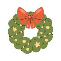 Merry Christmas wreath element decorated with a ribbon and christmas tree twigs. illustration perfect for celebrating winter season and creating joyful greetings. New year design. vector