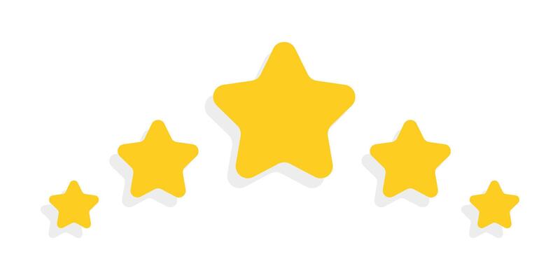 Isolated yellow star rating clipart with shadow. Illustration in flat design perfect for illustrating business apps and online review systems. Gold five stars icon. Star rating review icon.