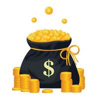 bag with gold coins and stacks of coins isolated on white background flat design vector