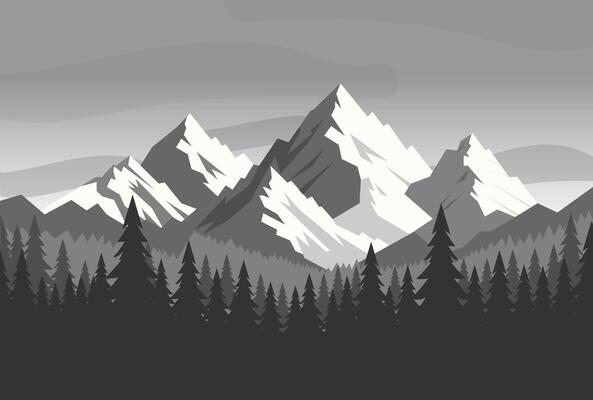nature landscape with mountain and forest view in grey colors